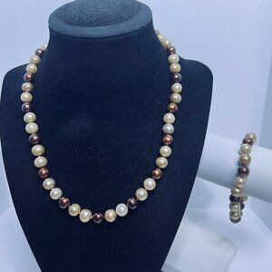 Vintage Shades of Brown Freshwater Pearl Necklace And Bracelet Set (5967)